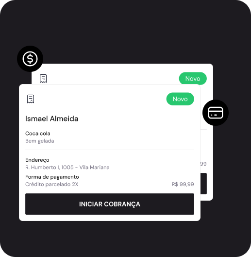 Tela de cobrança organizada no SmartPOS com nome do cliente e itens para atendimento móvel, delivery ou balcão